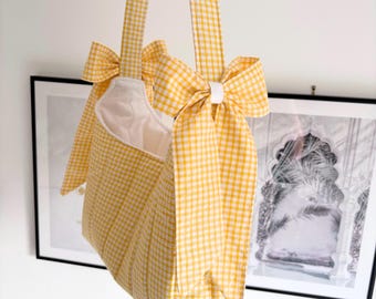 Yellow gingham mini bow shoulder bag