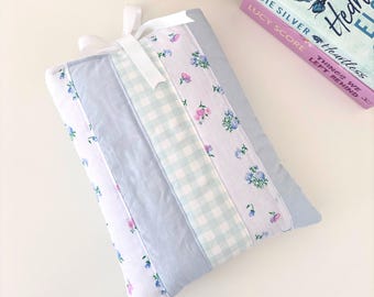 Pastel blue patchwork quilted book sleeve