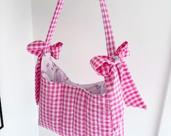 Candy pink gingham floral mini bow shoulder bag