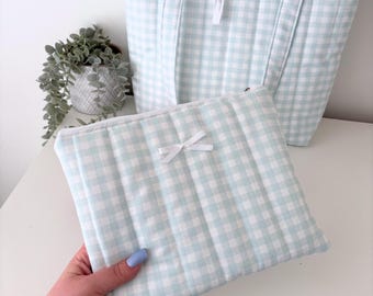 Pastel blue gingham quilted storage pouch
