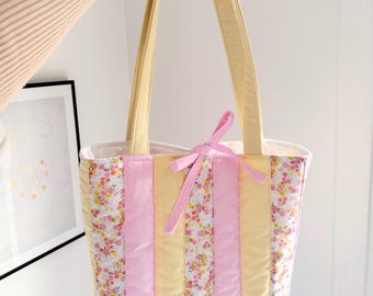 Pastel yellow and pink patchwork quilted tote bag