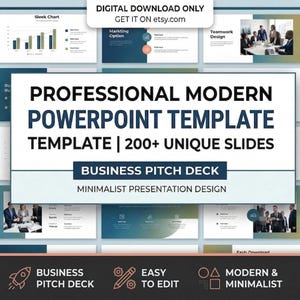 May include: A professional modern PowerPoint template with over 200 unique slides. The design is minimalist, with a business pitch deck theme. The template is easy to edit and fully customizable, with a modern design.