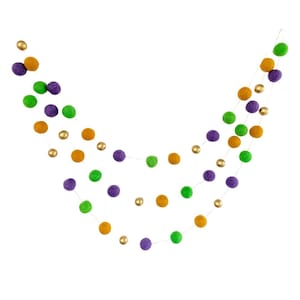Mardi Gras Gold Felt Ball Garland- Spring Green, Violet, & Mustard with gold wooden beads- Mardi Gras Decorations