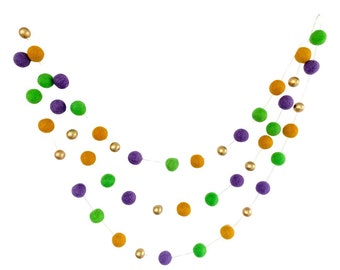 Mardi Gras Gold Felt Ball Garland- Spring Green, Violet, & Mustard with gold wooden beads- Mardi Gras Decorations