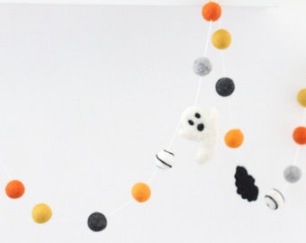 Halloween Ghost & Bat Garland-felt ghosts w/ black bats, mustard, charcoal, pumpkin, heather gray, orange, black and white swirl