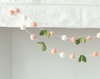 Spring Bloom Garland- apricot, blush, ivory, & green leaves, spring felt ball garland, Easter decorations, Spring decor