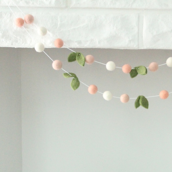 Spring Bloom Garland- apricot, blush, ivory, & green leaves, spring felt ball garland, Easter decorations, Spring decor