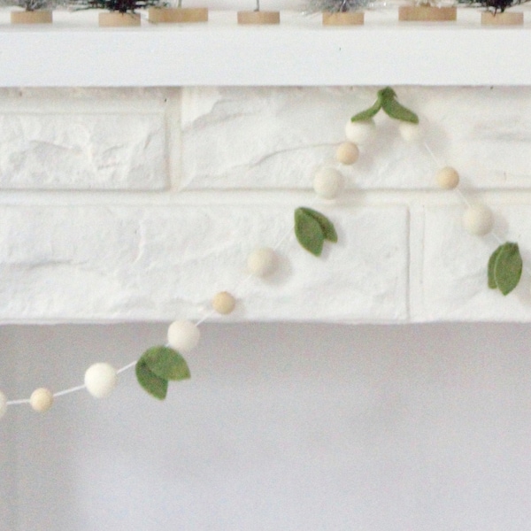Farmhouse Christmas- IvoryFelt balls with green leaves and natural wooden beads- Christmas garland decor