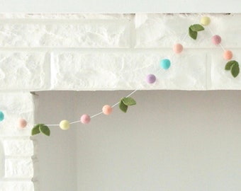 Spring Garden Garland- apricot, blush, yellow, pink, robin's egg, & green leaves, spring felt ball garland, Easter decorations, Spring decor