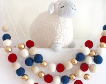 Grand Old Flag Garland- Felt Ball Garland- Red White Blue Gold- Fourth of July Party decor- 4th of July party decor- Americana garland