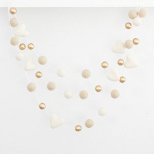 Vanilla Gold Valentine Felt Ball Garland-  Valentine's Day Garland - Felt Heart Garland- Valentines Day Decor- Gold Cream Hearts