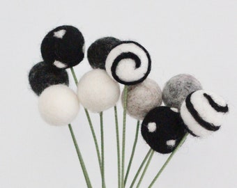 Monochrome Felt Pom Flowers- Billy Ball Flowers- Black white gray Centerpieces- Bridesmaid bouquet- Bridal bouquet- wool pom po