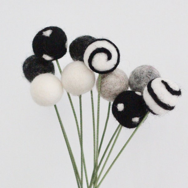 Monochrome Felt Pom Flowers- Billy Ball Flowers- Black white gray Centerpieces- Bridesmaid bouquet- Bridal bouquet- wool pom po
