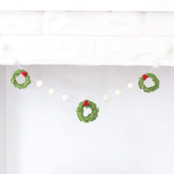 Christmas Wreath Felt Ball Garland- All white felt balls and green wreaths by Sheep Farm Felt