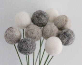 Dappled Gray Felt Pom Pom Flowers- Billy Ball Flowers- White Gray- Bridesmaid bouquet- Flower bouquet- neutral wool pom poms- gray white