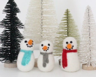 Felt Snowmen Trio- Aqua, Red, Gray Scarves- 1 of each color