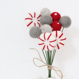 Ramo de menta y bolas de fieltro: ramo gris, rojo y blanco; elija entre 10 o 20 tallos