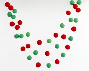Holly Jolly Christmas Garland- Felt Ball Christmas Garland- tree Trim- Red Green- Mantel Decor- Holiday Decor -Christmas Decoration- Red