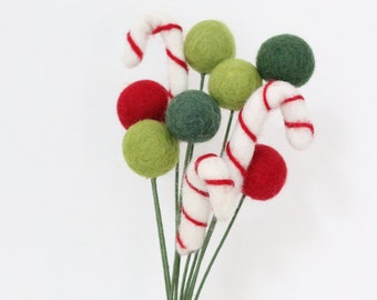 Candy Cane and Felt Ball Bouquet - Red & Green bouquet- choose 10 or 20 stems