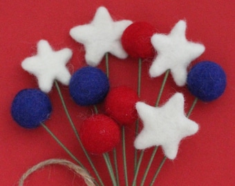 Red White & Blue Felt Pom Pom Flowers- Billy Ball Flowers- Fourth of July bouquet- Flower bouquet- patriotic wool pom poms red white blue