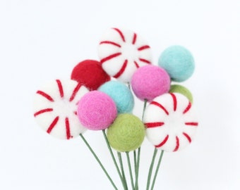 Felt Ball Christmas Bouquet: Peppermint Candy Floral Stems