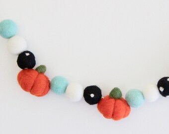 Felt Ball Pumpkin Garland: Orange, Aqua, Black & White