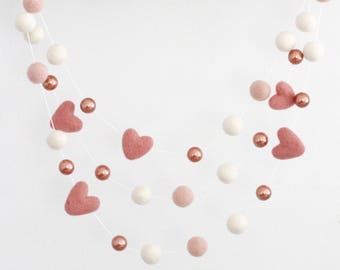 Rose Gold & Blush Valentine Felt Ball Garland-  Valentine&#39;s Day Garland - Felt Heart Garland- Valentines Day Pom Pom Garland
