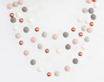 Rose Gold Blush and Gray Garland- Pink Felt ball garland- Rose Gold Pink Gray Pom Pom Garland