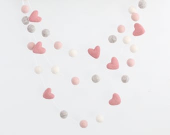 Pink Sweetheart Felt Ball Garland-Valentine's Day Garland - Felt Heart Garland- Valentines Day Decor- Pink Valentine's Day