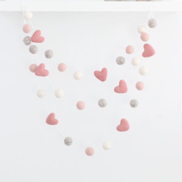 Pink Sweetheart Felt Ball Garland-Valentine's Day Garland - Felt Heart Garland- Valentines Day Decor- Pink Valentine's Day