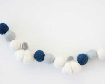 Felt Ball Pumpkin Garland: Navy, Powder Blue & White