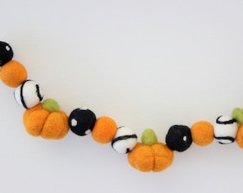 Felt Ball Pumpkin Garland- Orange pumpkins, black, white, orange- Fall felt ball garland