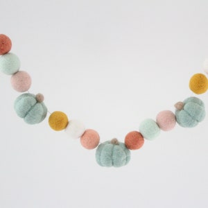 Felt Fall Pumpkin Garland- Mint pumpkins, mustard, ivory, coral, apricot, pastel mint, blush felt balls