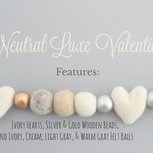 Neutral Luxe Valentine Felt Ball Garland-Valentine's Day Garland Felt Heart Garland Valentines Day Decor Gold Silver Gray image 3