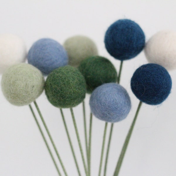 Earth & Sky Felt Pom Flowers- Billy Ball Flowers- Green Blue Centerpieces- Bridesmaid bouquet- Bridal bouquet- wool pom poms