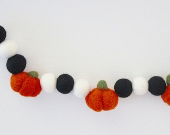 Felt Ball Pumpkin Garland- Orange pumpkins, black, white felt balls- Fall felt ball garland