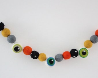 Felt Eyeball Garland- spotted black, mustard, gray, and orange felt balls