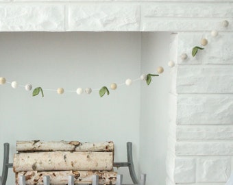 Spring Farmhouse Garland- cream, light gray, ivory, & green leaves, spring felt ball garland, farm house decor