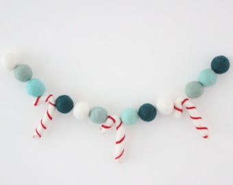 Candy Cane Felt Ball Garland- aqua, white, mint, peacock, red, white - Felt Candy Canes- Christmas garland