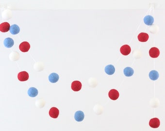 Patriotic Felt Ball Garland: Red, White, and Blue Americana Decor