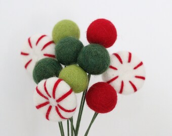 Peppermint and Felt Ball Bouquet - Red & Green bouquet- choose 10 or 20 stems