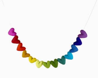 Rainbow Heart Garland- Valentine's Day decorations- 3 ft with 13 felt hearts