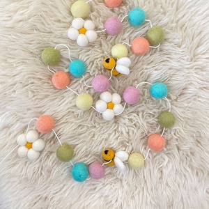 Bee Kind Spring Daisy & Bee Garland-  Robin's Egg, Pink, Apricot, Pale Yellow, Sage Bee and Daisy Felt Ball Garland by Sheep Farm Felt