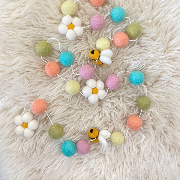 Bee Kind Spring Daisy & Bee Garland-  Robin's Egg, Pink, Apricot, Pale Yellow, Sage Bee and Daisy Felt Ball Garland by Sheep Farm Felt