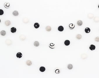 Black & White felt ball garland- monochrome nursery decor- Mod Monochrome- white black nursery- monochrome bunting- swirls dots felt balls