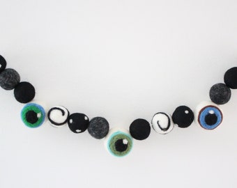 Felt Eyeball Garland- black, black and white swirl, spotted black, charcoal felt balls