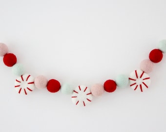 Peppermint Garland- Blush, Red, Pastel Mint- Christmas garland- Felt Ball Pom Pom Garland