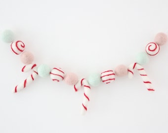 Candy Cane Garland- Pink Pastel Mint Red White Striped - Felt Candy Canes- Christmas garland- Felt Ball Pom Pom Garland