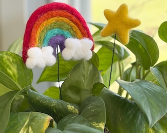 Regenbogen Pflanzen Dekor - Regenbogen Pflanzen Freunde mit Herz, gelbem Stern oder Topf voller Gold, niedliches Pflanzenzubehör, Geschenk für Pflanzenliebhaber