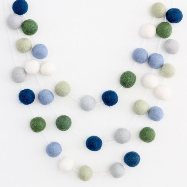 Earth & Sky Blue and Green Garland- Boy Nursery Decor- Navy Garland-Pom Pom Bunting- Baby Shower Decor